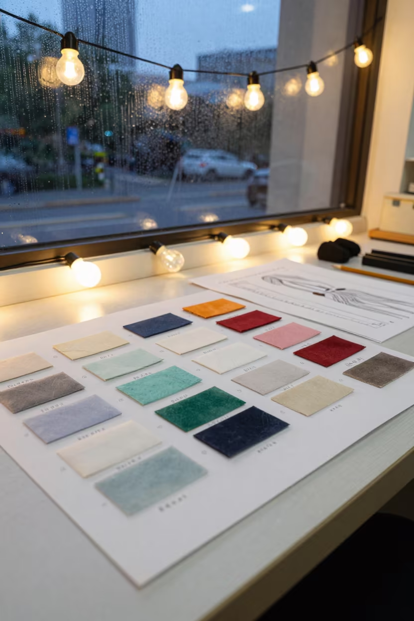Couture Swatch Board and Paper at Twilight in inside a couture atelier in Rosario