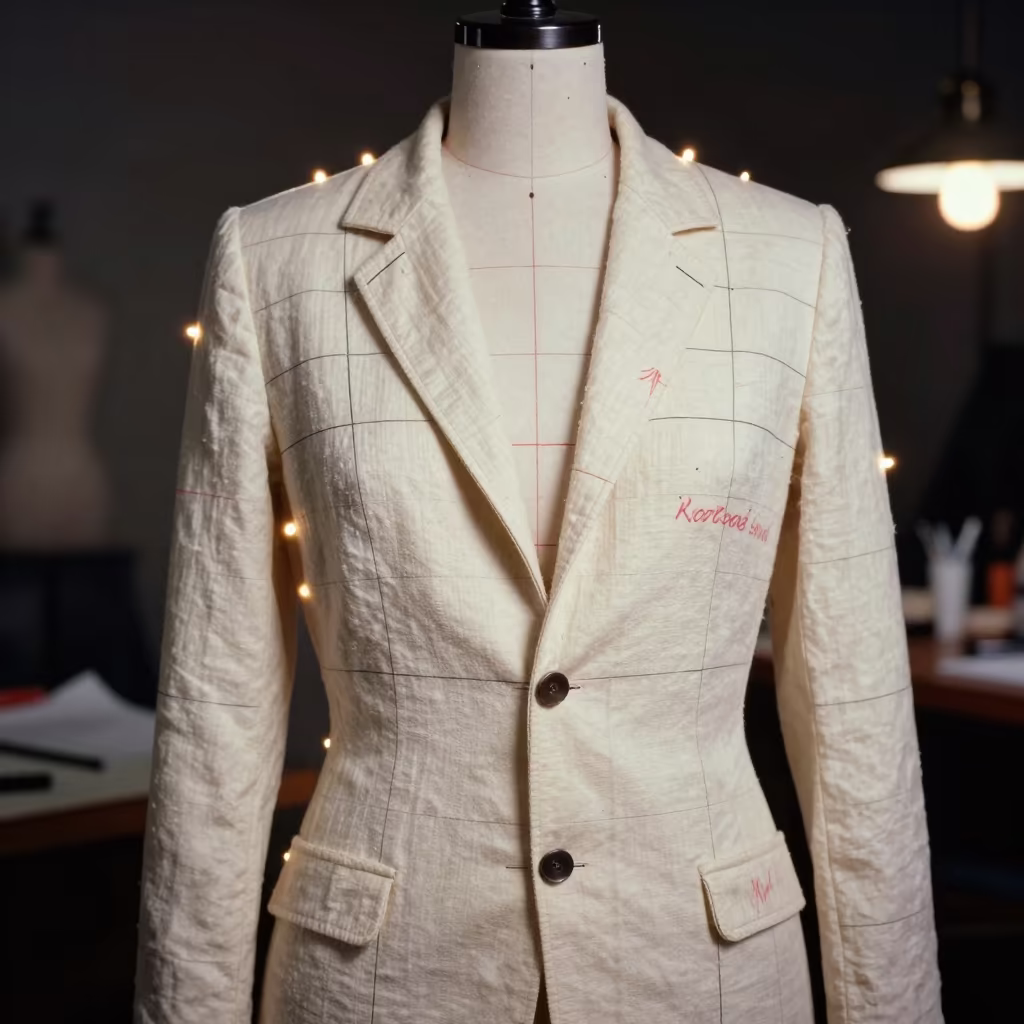 Couture Toile Jacket with Red Notes in inside a couture atelier in Białystok