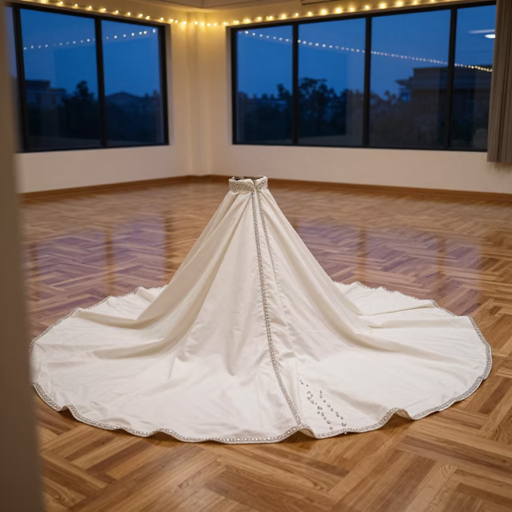 Couture Train Crystals Ikeja Parquet Floor in under runway rehearsal lights in Ikeja