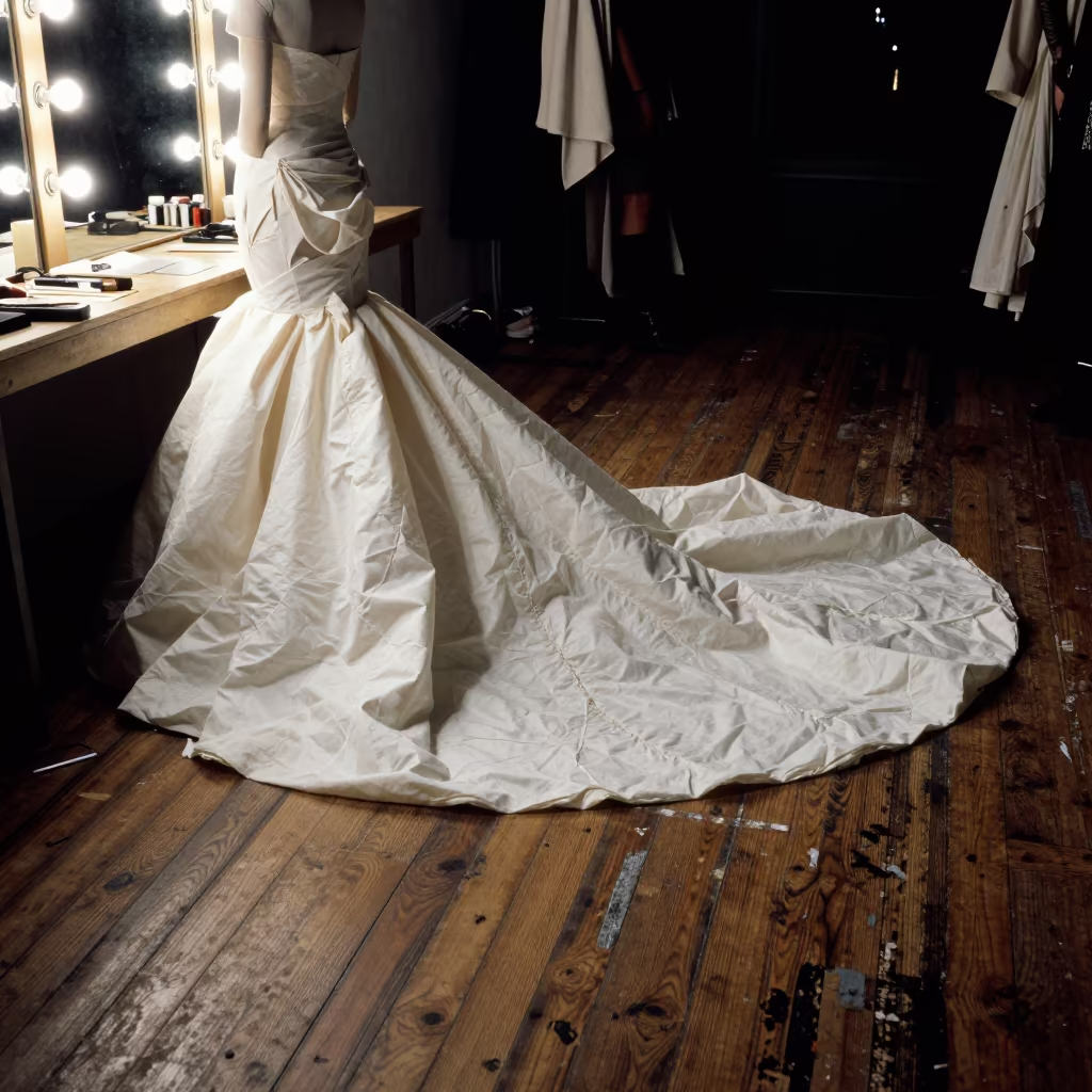 Couture Train Pooling on Worn Floorboards in beside a mirror lined with makeup bulbs in Lome