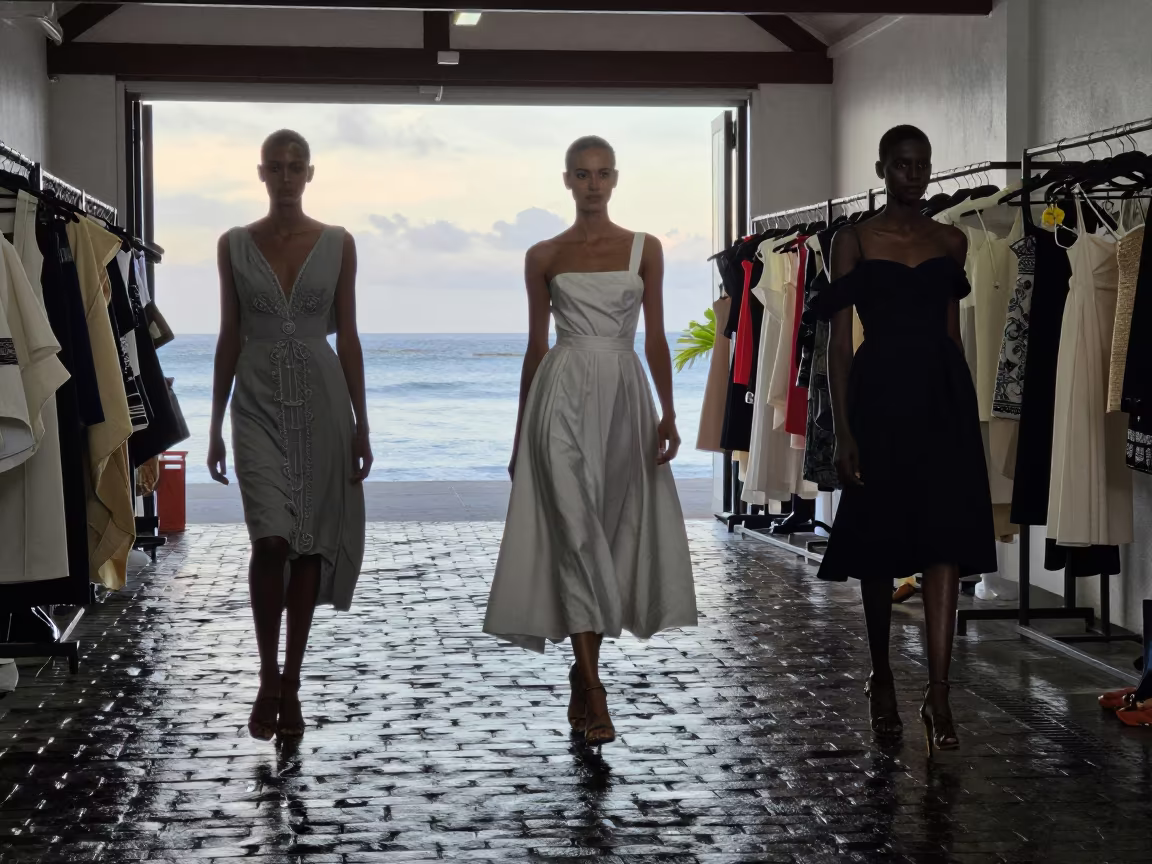 Couture Train on Wet Cobblestones at Dawn in inside a couture atelier in Victoria Seychelles