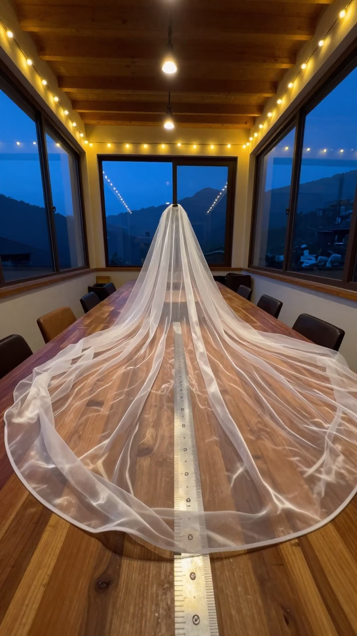 Couture Veil on Cutting Table in Gangtok in under runway rehearsal lights in Gangtok