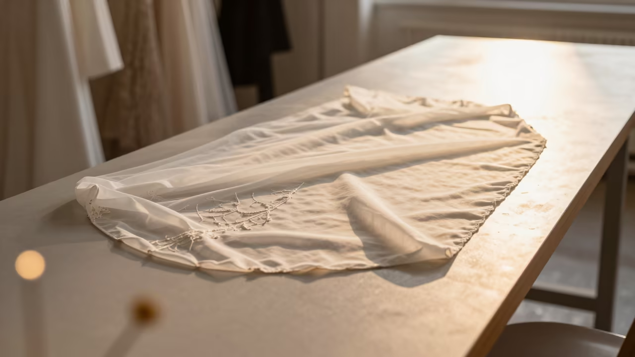 Couture Veil on Cutting Table Kasama in under runway rehearsal lights in Kasama