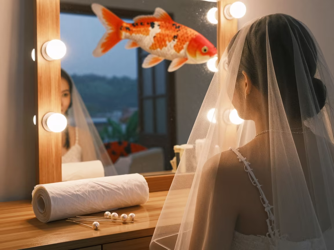 Couture Veil Pins Giant Koi Langkawi Mirror in beside a mirror lined with makeup bulbs in Langkawi