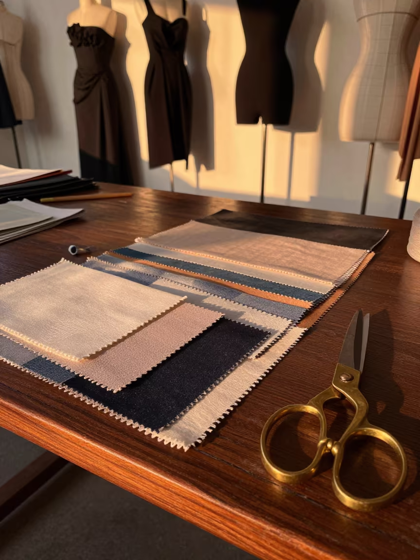 Coutelier's Fanned Swatches and Brass Shears in inside a couture atelier in Batman