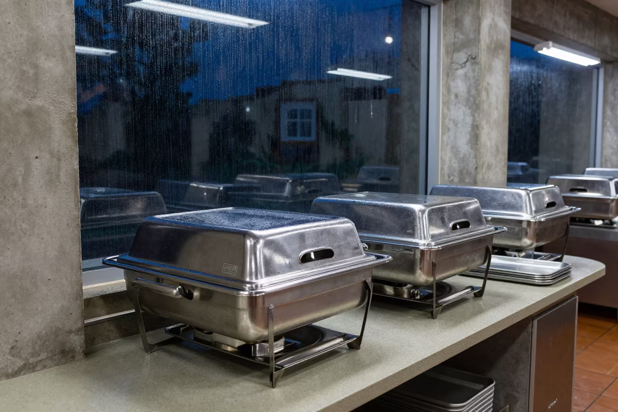 Covered Chafers Stacked at Hotel Kitchen Pass in inside a hotel lobby near Asaba