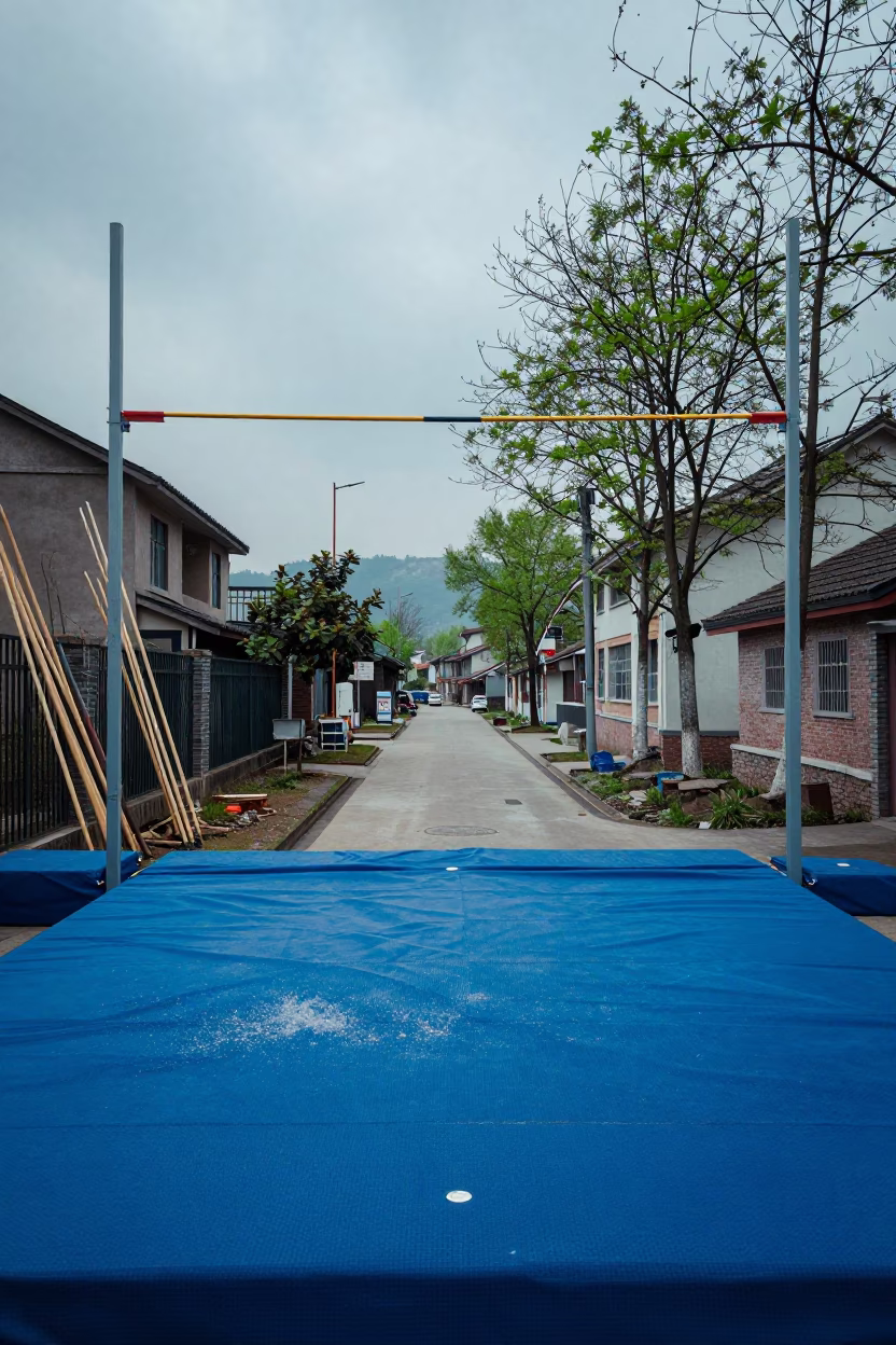 Covered Pole Vault Pit in Chongqing Lane in in a village lane near Chongqing