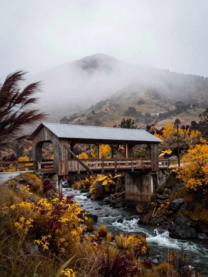 Covered Timber Bridge Over Mountain Stream in near San Marcos, Quito