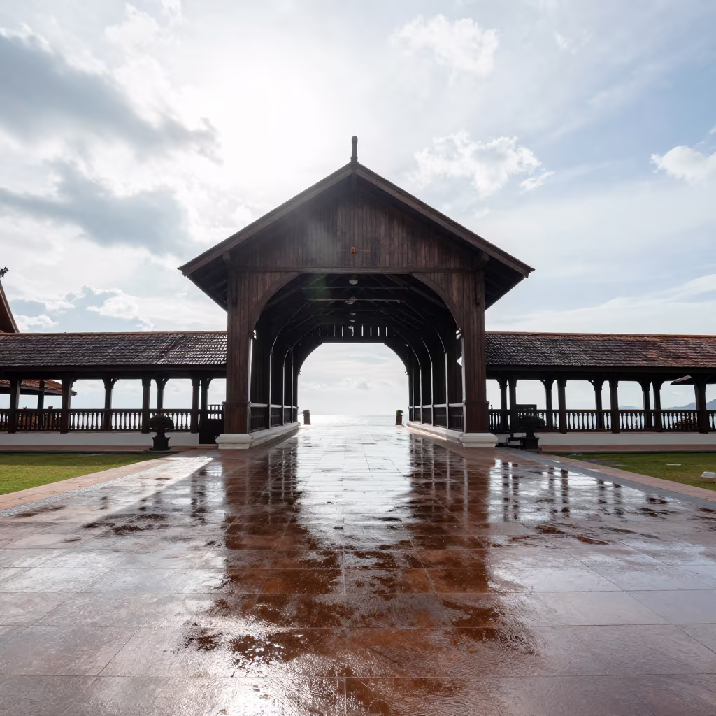 Covered Wooden Bridge Noon Reflections Krabi Plaza in across a formal civic plaza in Krabi