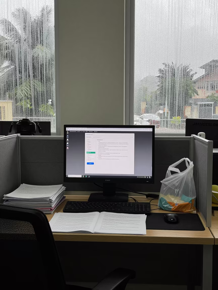 Coworking Desk Monitor Rainy Noon Jalingo in inside a coworking floor near Jalingo