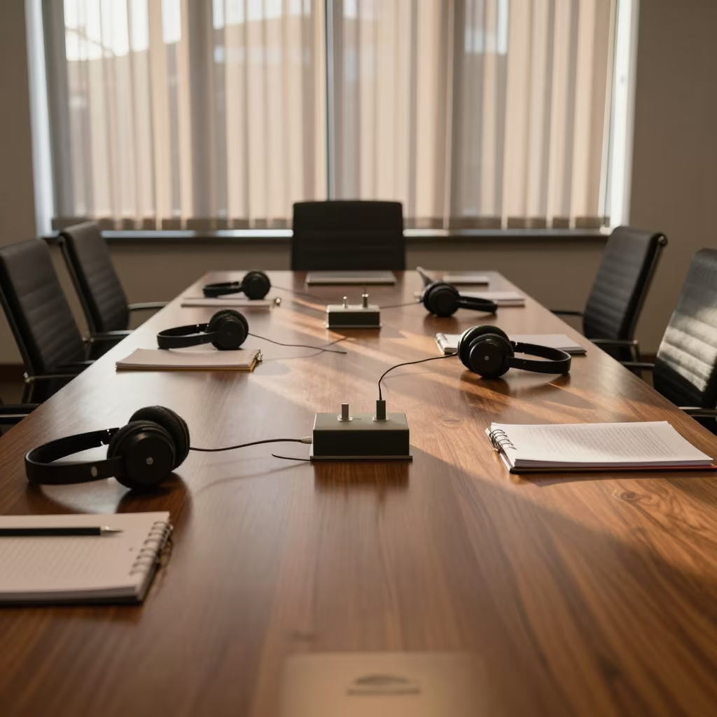 Coworking Desk Row Before Meeting in Barinas in at a boardroom table before a meeting in Barinas