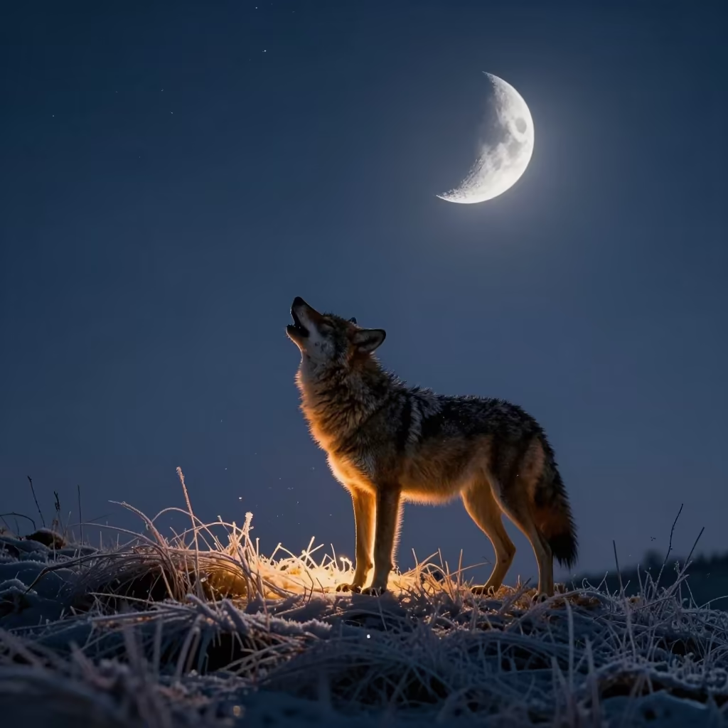 Coyote Howling at Moon on Frosty Ridge in from a frost-hushed ridgeline in Rhode Island