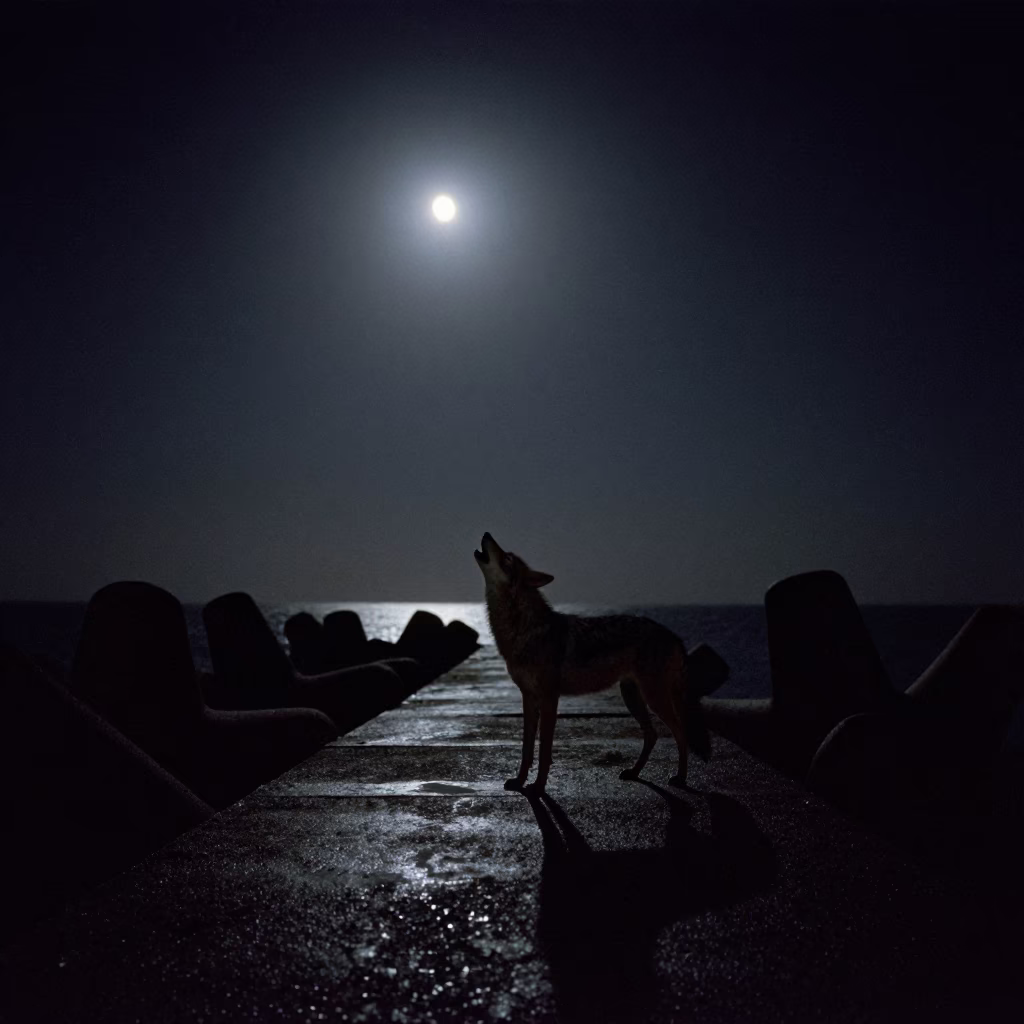 Coyote Howling Silhouette Under Crescent Moon in from a moonlit breakwater near Osogbo