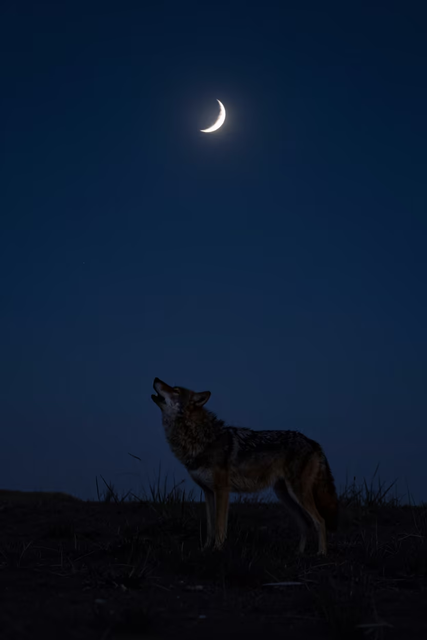 Coyote Silhouette Howling Under Crescent Moon in beneath a moon-washed horizon near Lanzhou