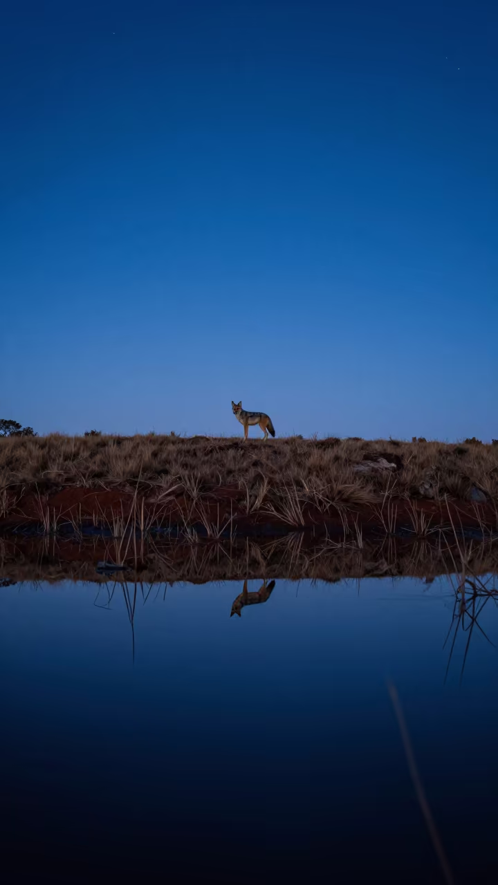 Coyote Silhouette on Western Australian Ridge Under Stars in beneath a moon-washed horizon in Western Australia
