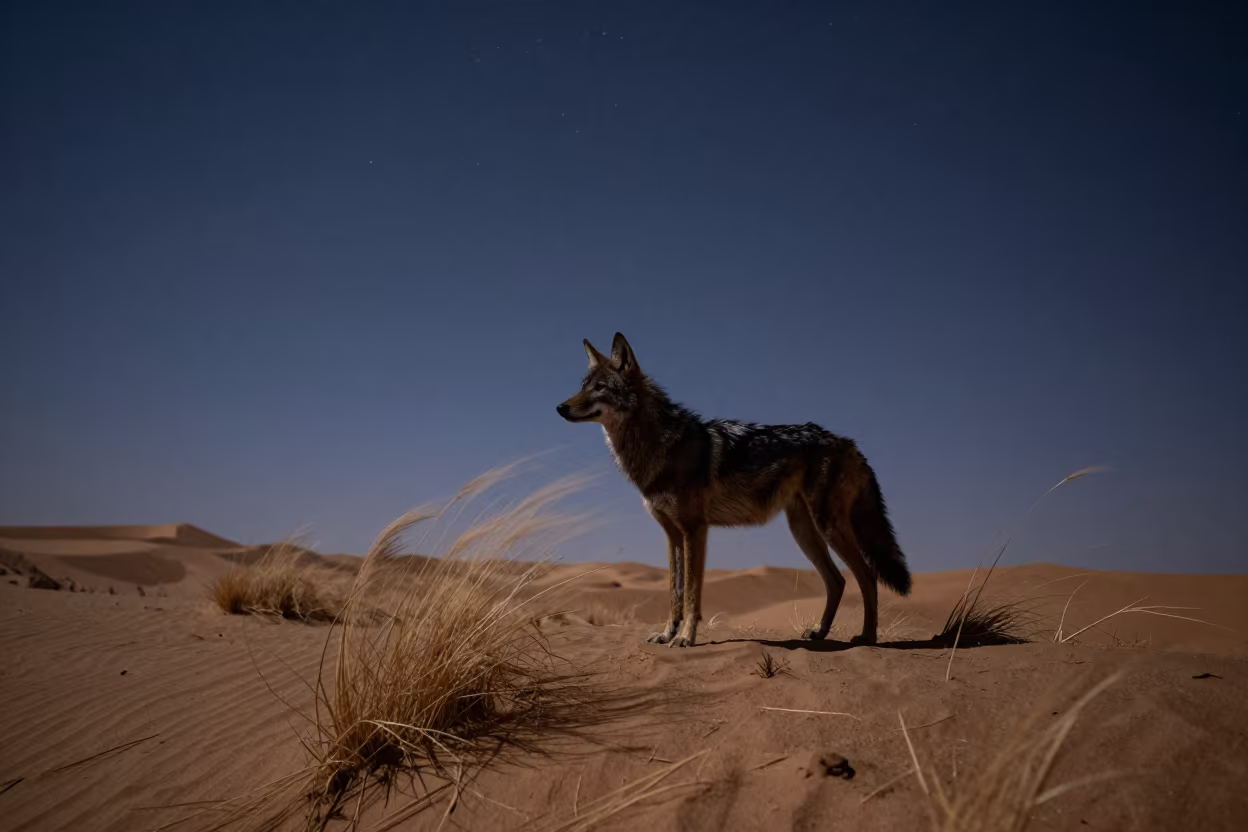 Coyote Silhouette Against Starry Desert Night Sky in from a dune-backed overlook in clear desert air near Abu Dhabi