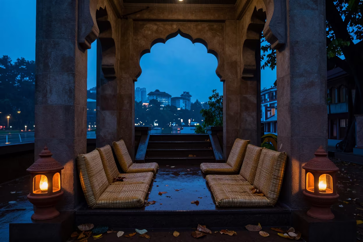 Cozy Autumn Shrine Nook Under Stairs in in a shrine lined with lanterns near Guwahati