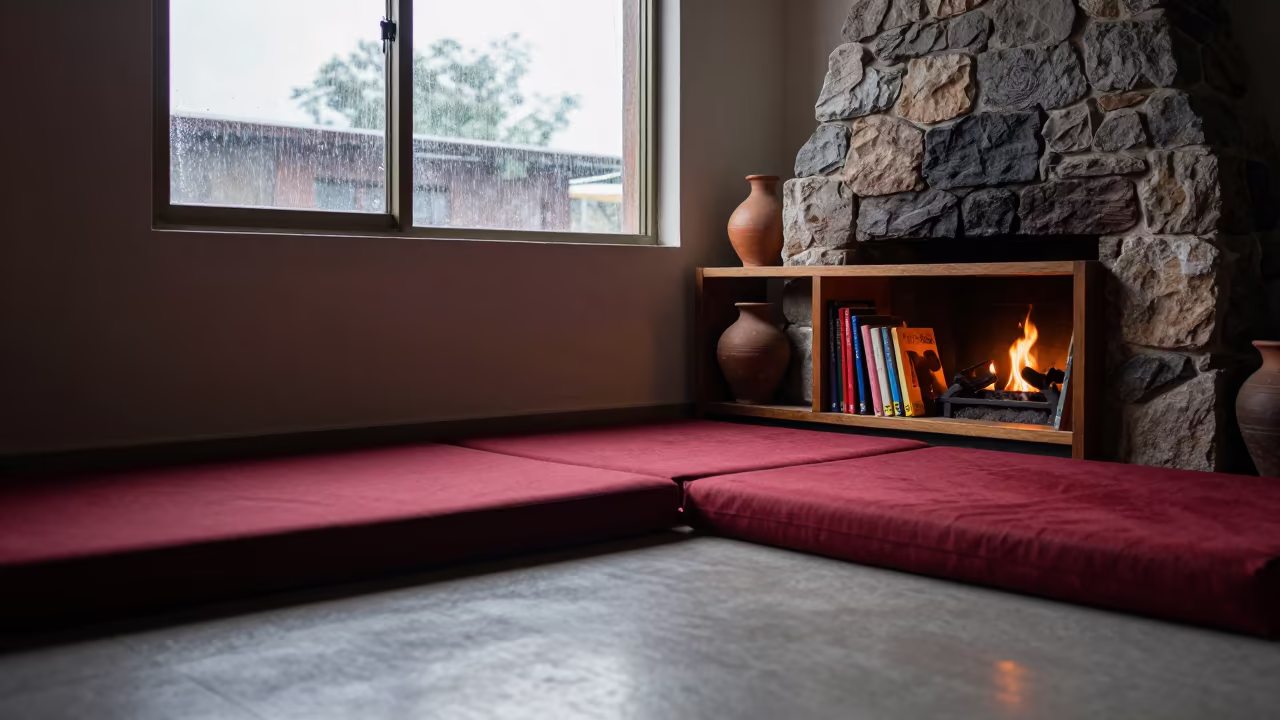 Cozy Fireplace Corner with Cushion and Bookshelf in by a crackling fireplace near Tiruchirappalli
