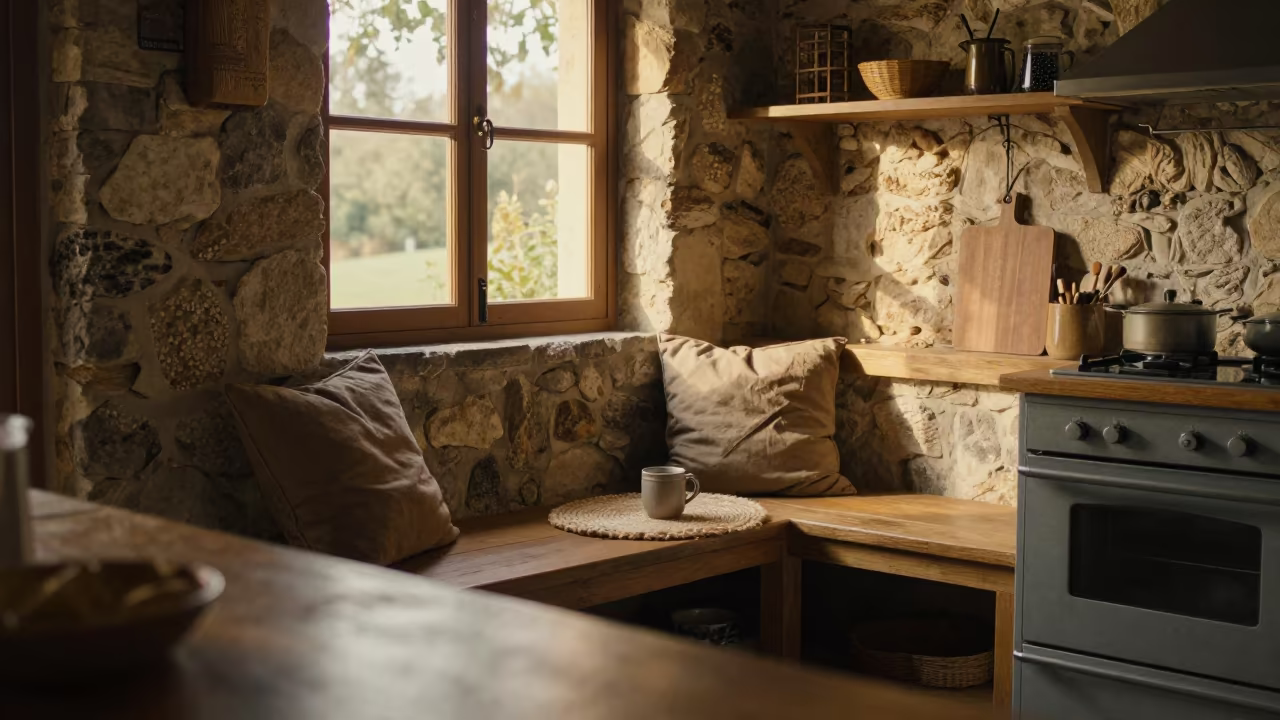 Cozy Kitchen Alcove Bench Golden Hour Light in in a cozy kitchen near Santa Teresa del Tuy
