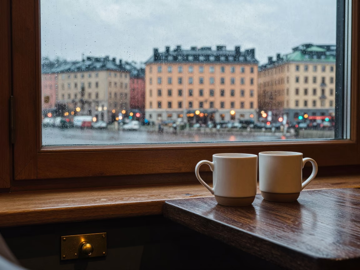 Cozy Stockholm Cafe Interior with Ceramic Mugs and City Lights at Dusk in in Stockholm, Sweden