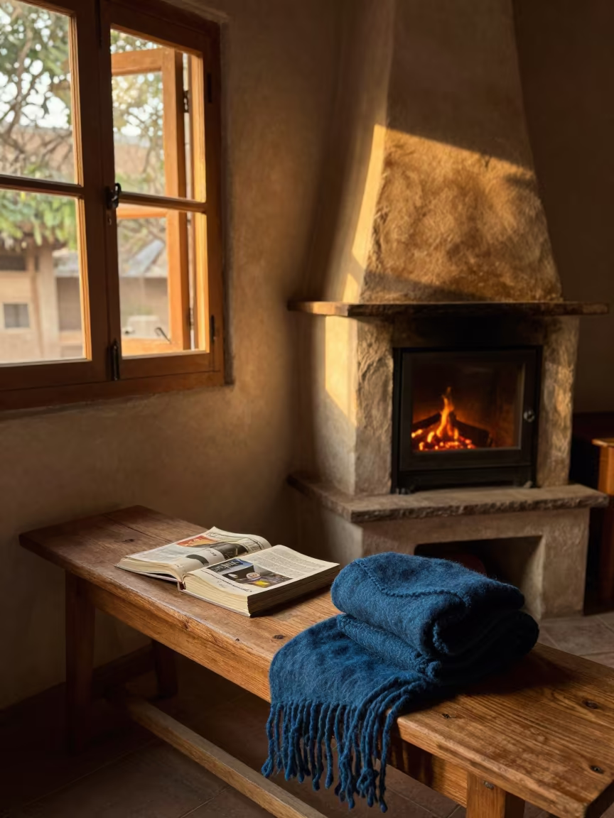 Cozy Window Bench with Seed Catalogues by Fireplace in by a crackling fireplace near Port-de-Paix