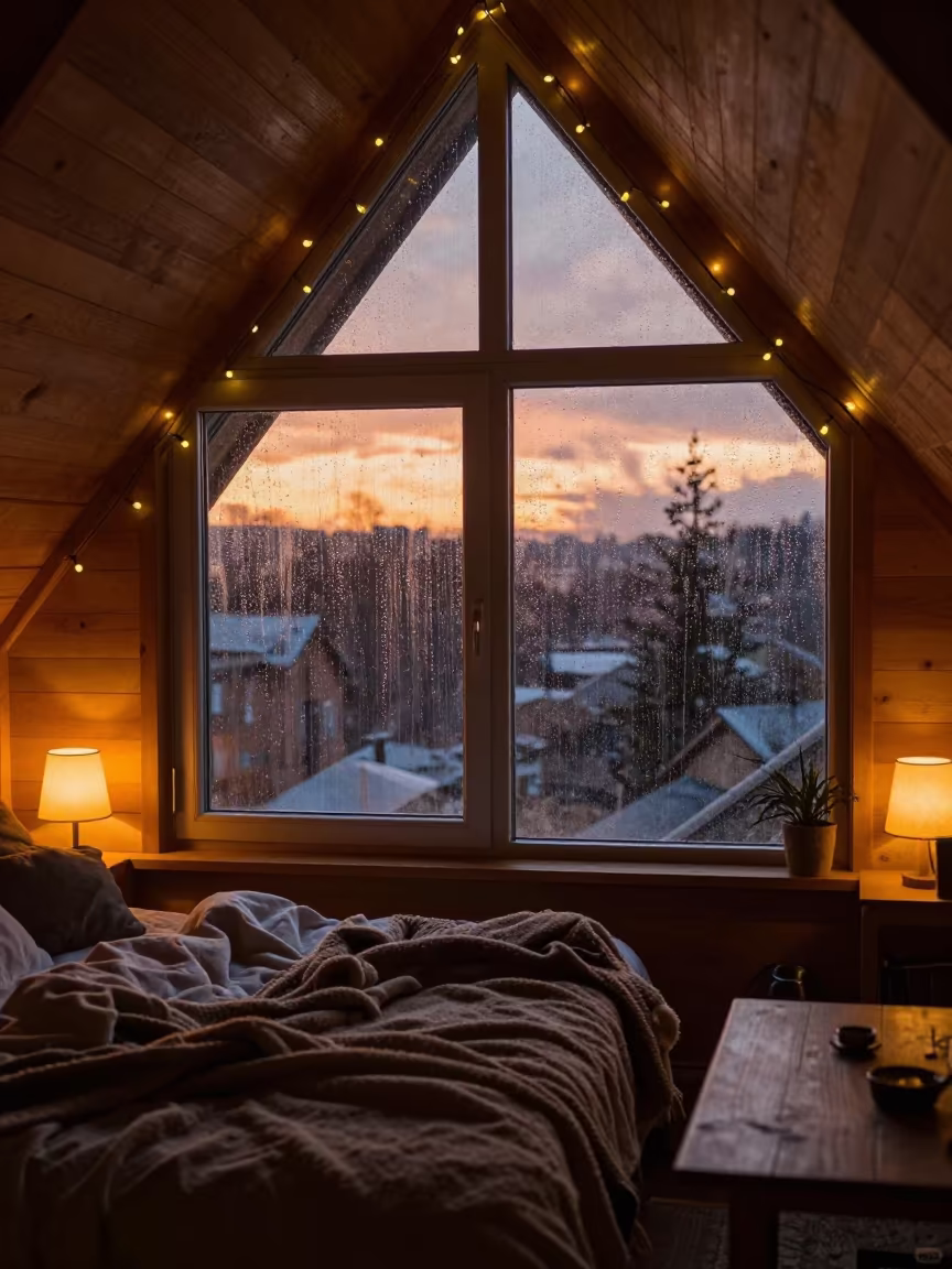 Cozy Winter Attic with Fairy Lights and Rain in beside a rain-streaked window in Soma