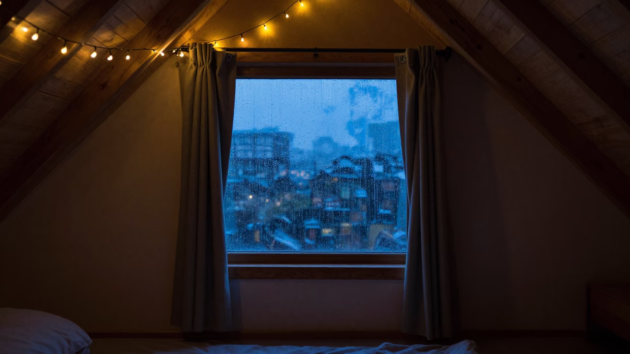 Cozy Winter Attic with Fairy Lights and Rain in beside a rain-streaked window near Wuhou, Chengdu