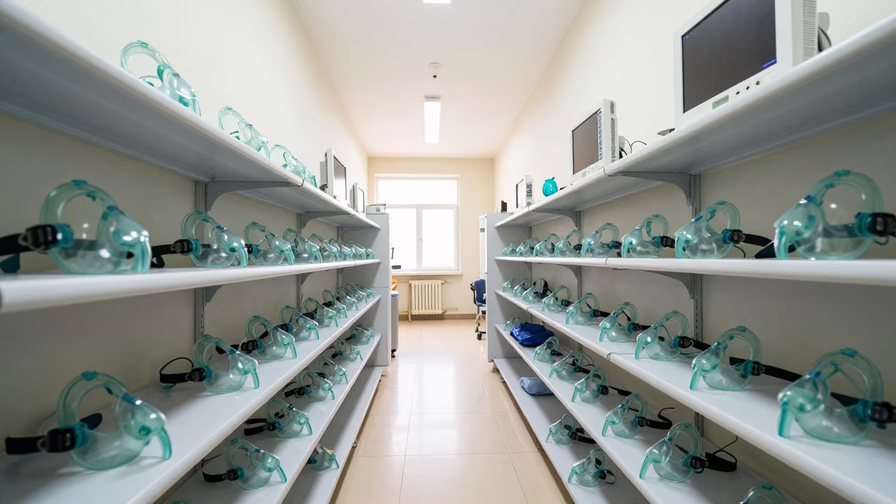 CPAP Mask Shelf at Nurse Station Kasama in at a nurse station under monitor glow in Kasama