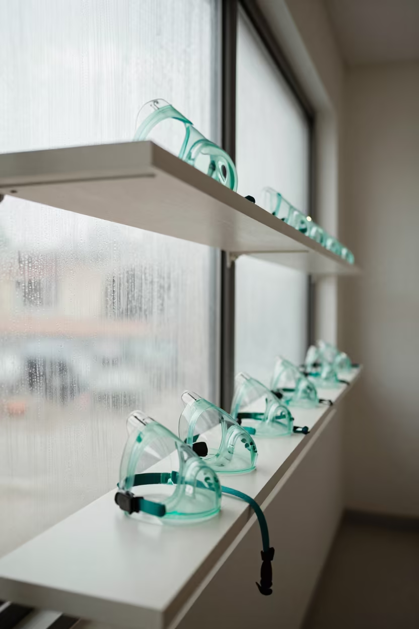 CPAP Mask Shelf in San Cristobal Rehab Gym in inside a rehabilitation gym in San Cristobal de las Casas