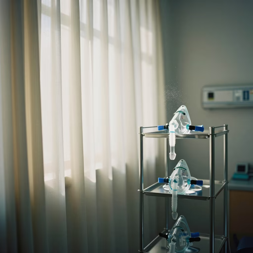 CPAP Mask Shelf in Shanghai Clinic Midday Light in inside a clinic exam room in Nanjing Road, Shanghai