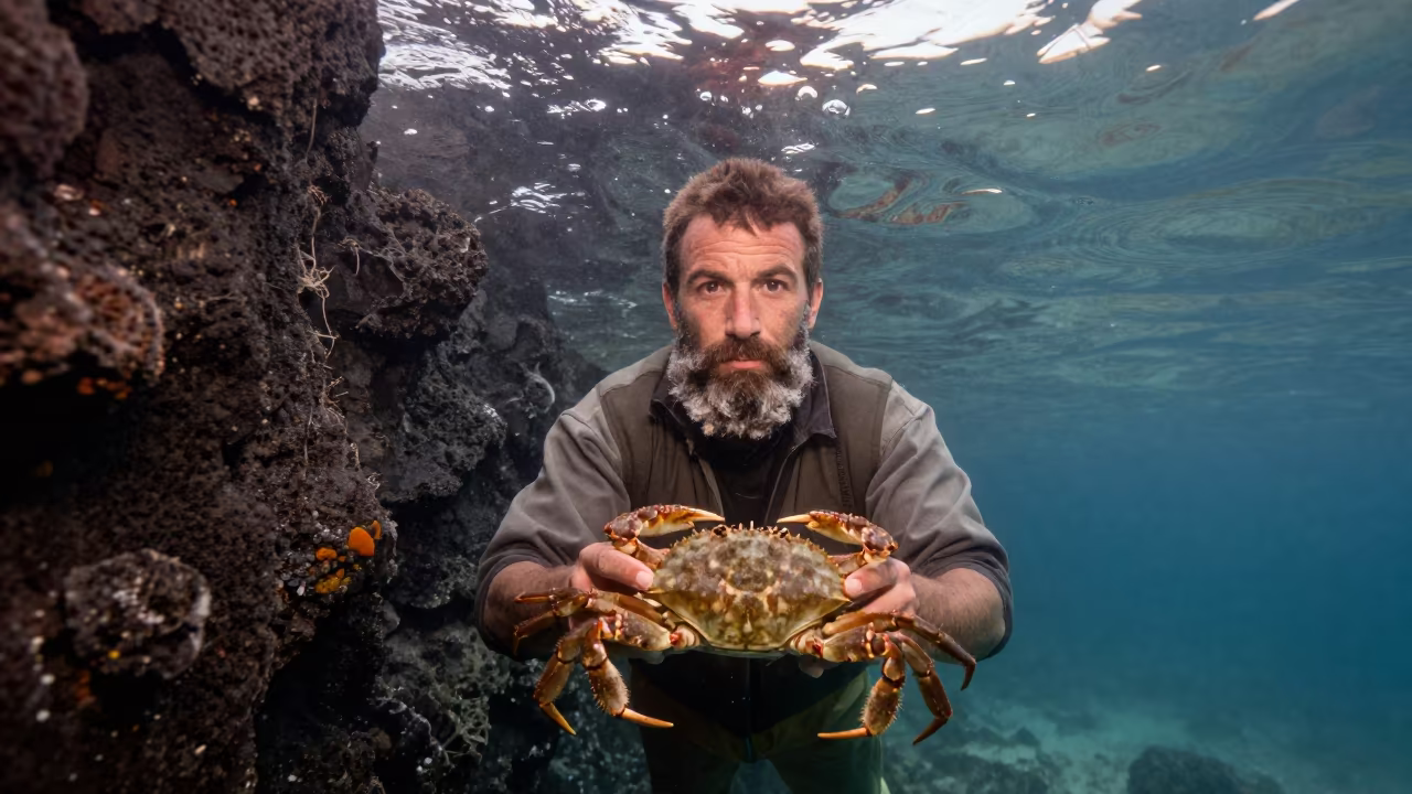 Crab Fisherman Face Salt Crust Dawn in beside a volcanic drop-off in Spain