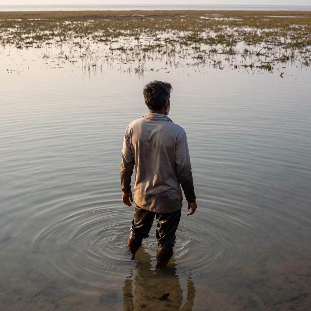 Crab Fisherman Over Seagrass in Goa Evening in above a seagrass meadow in Goa