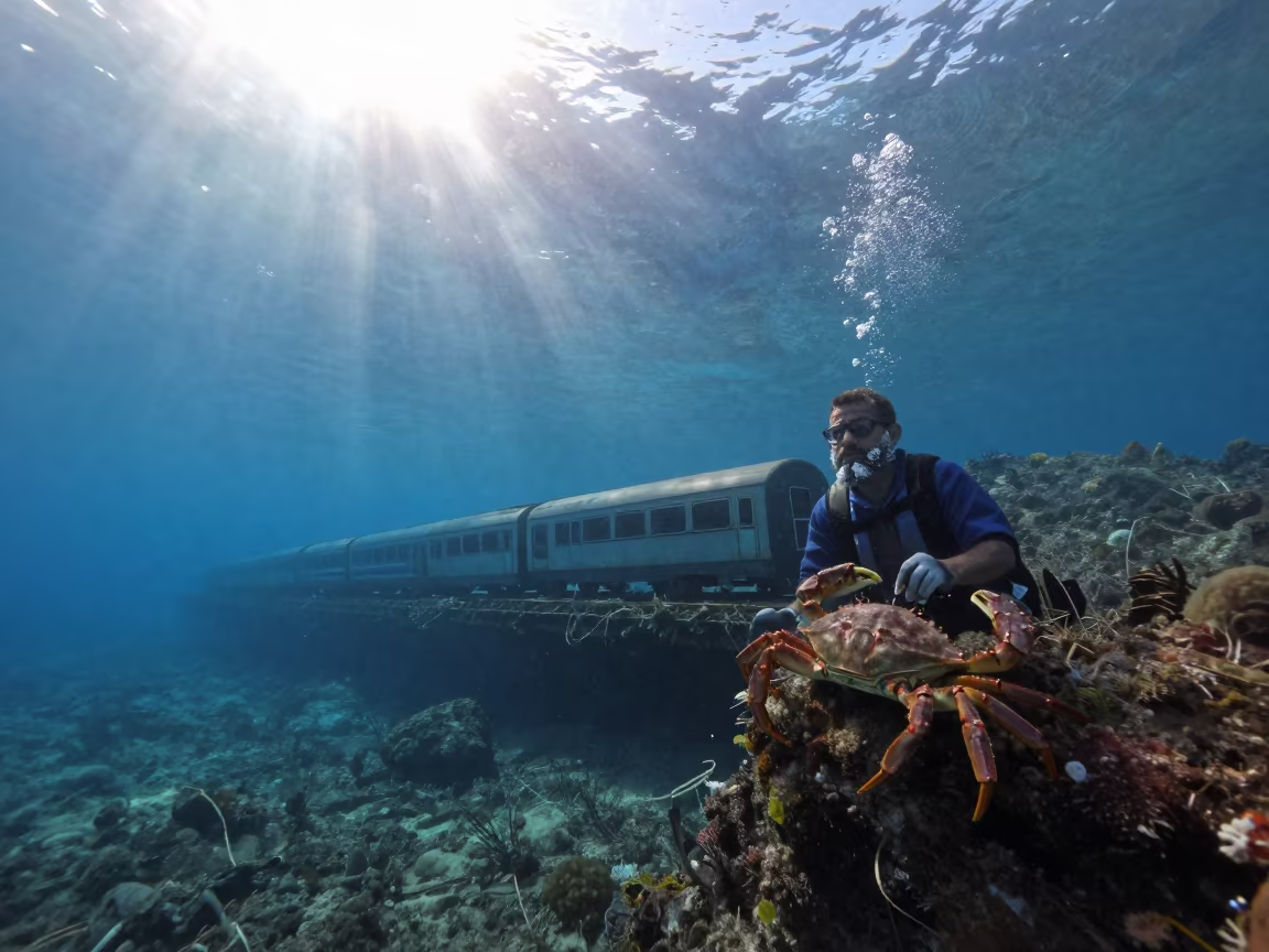 Crab Fisherman with Train Car Underwater in beside a volcanic drop-off near Marseille