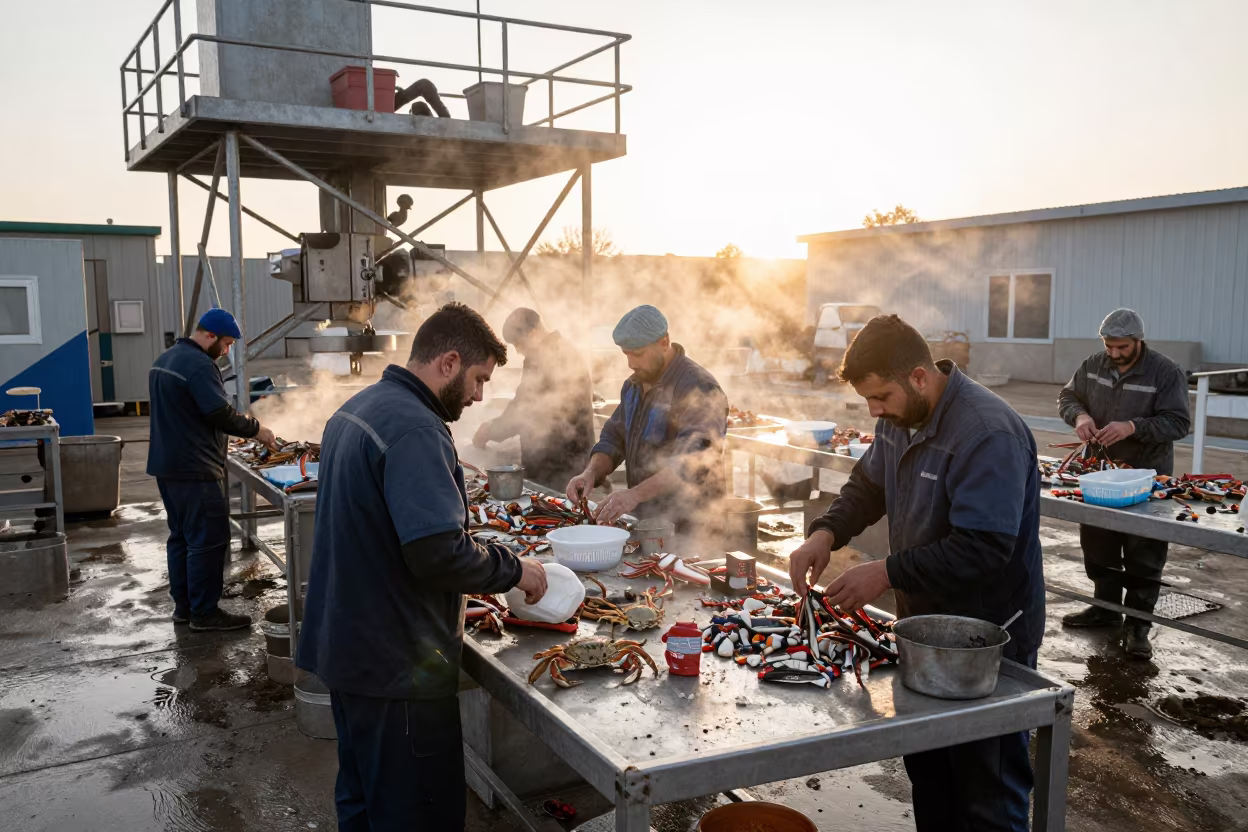 Crab Sorting Workers on Steel Tables at Dawn in on a scaffold platform near Tiaret
