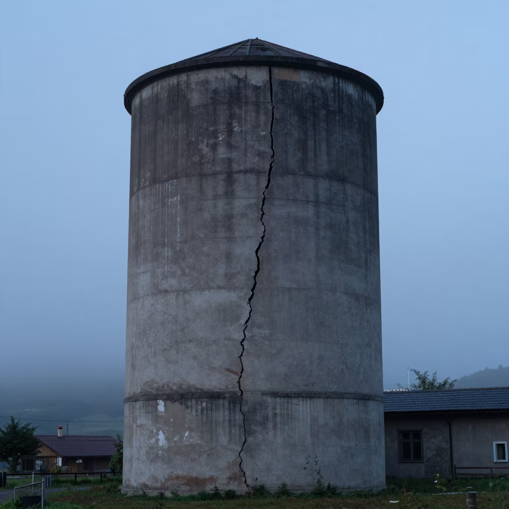 Cracked Basque Silo in Steel Blue Fog in in the Basque Country