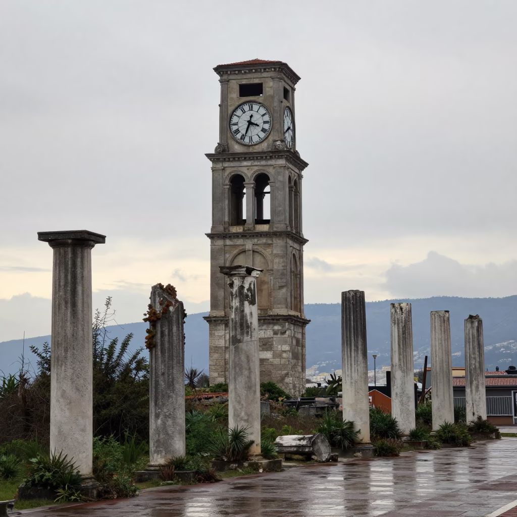 Cracked Clock Tower Among Ruins at Dawn in among toppled columns and nettles near Nice