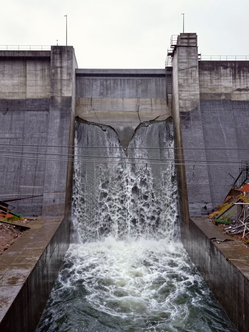 Cracked Concrete Dam El Alto Rain in along concrete walls above turbulent water in El Alto