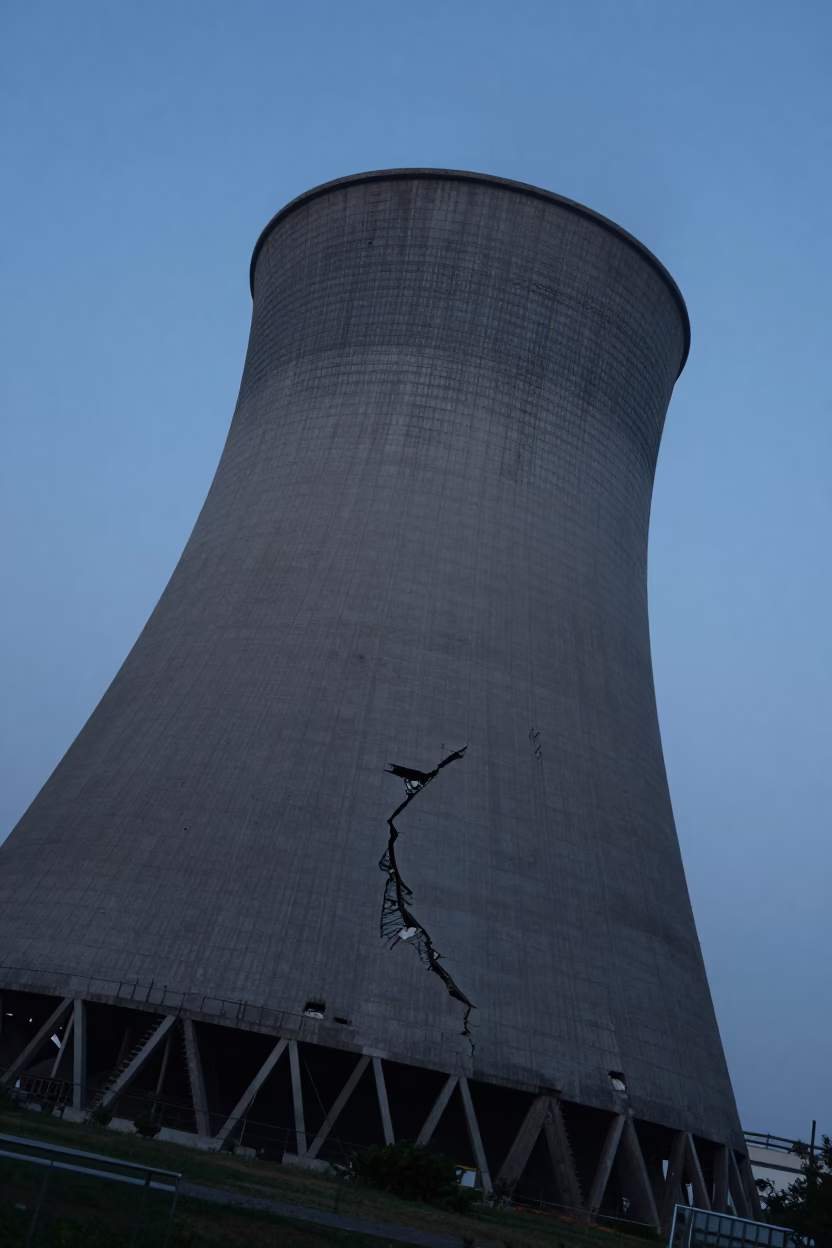 Cracked Cooling Tower in Predawn Silvery Light in near Villa Crespo, Buenos Aires