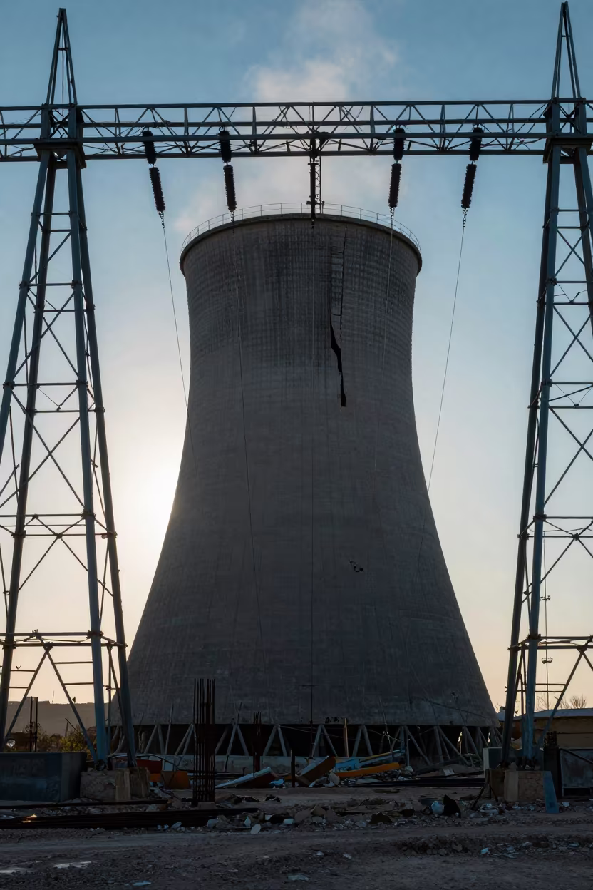 Cracked Cooling Tower Silhouette at Dusk in under gantries and utility towers near Mardin