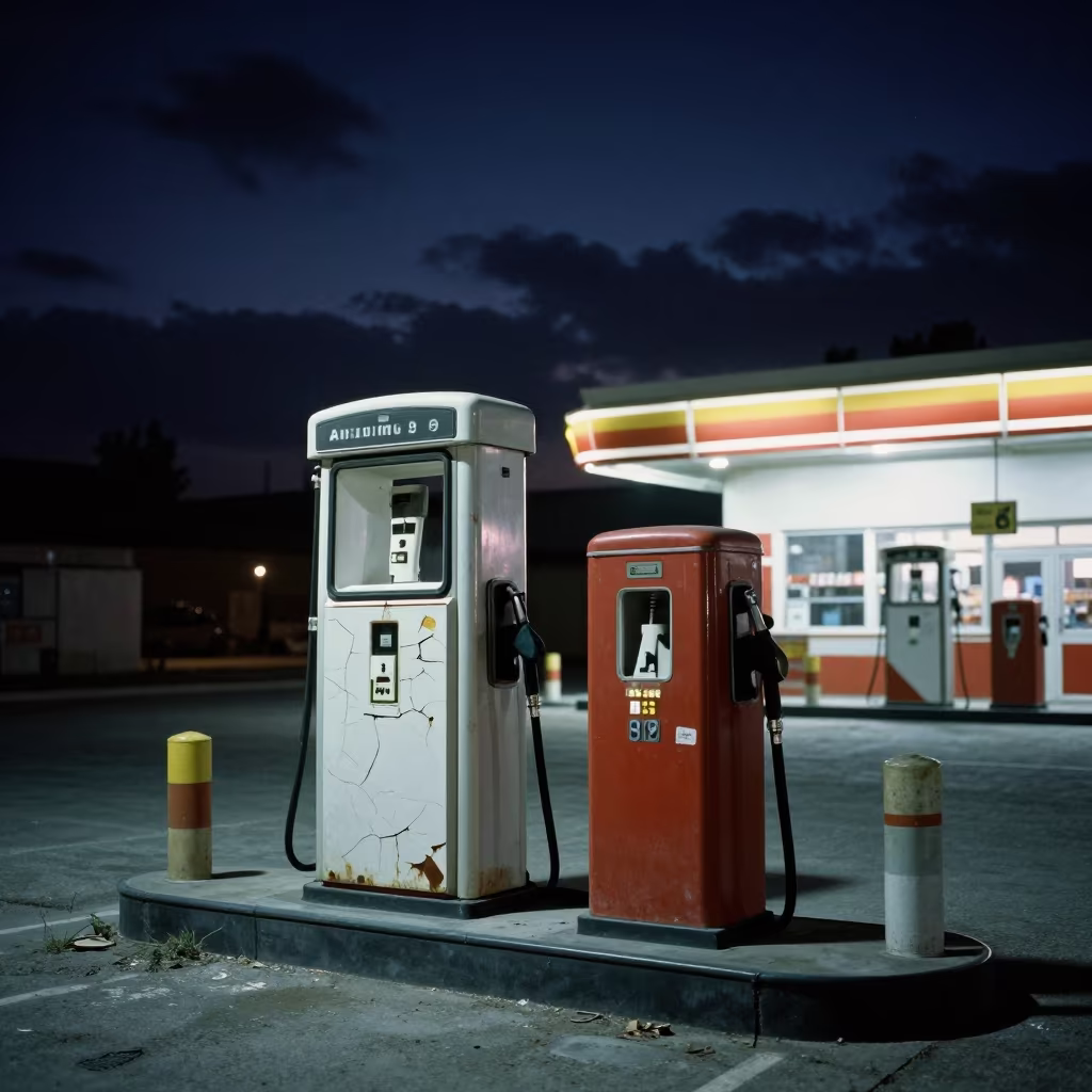 Cracked Gas Pumps Outside Tabriz Store at Night in outside a fluorescent convenience store in Tabriz