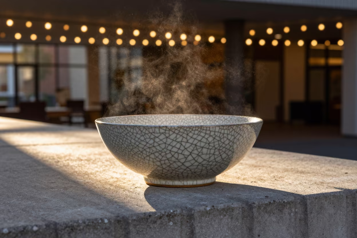 Cracked Glaze Fractal on Antique Bowl in inside a ribbed concrete lobby in Almere