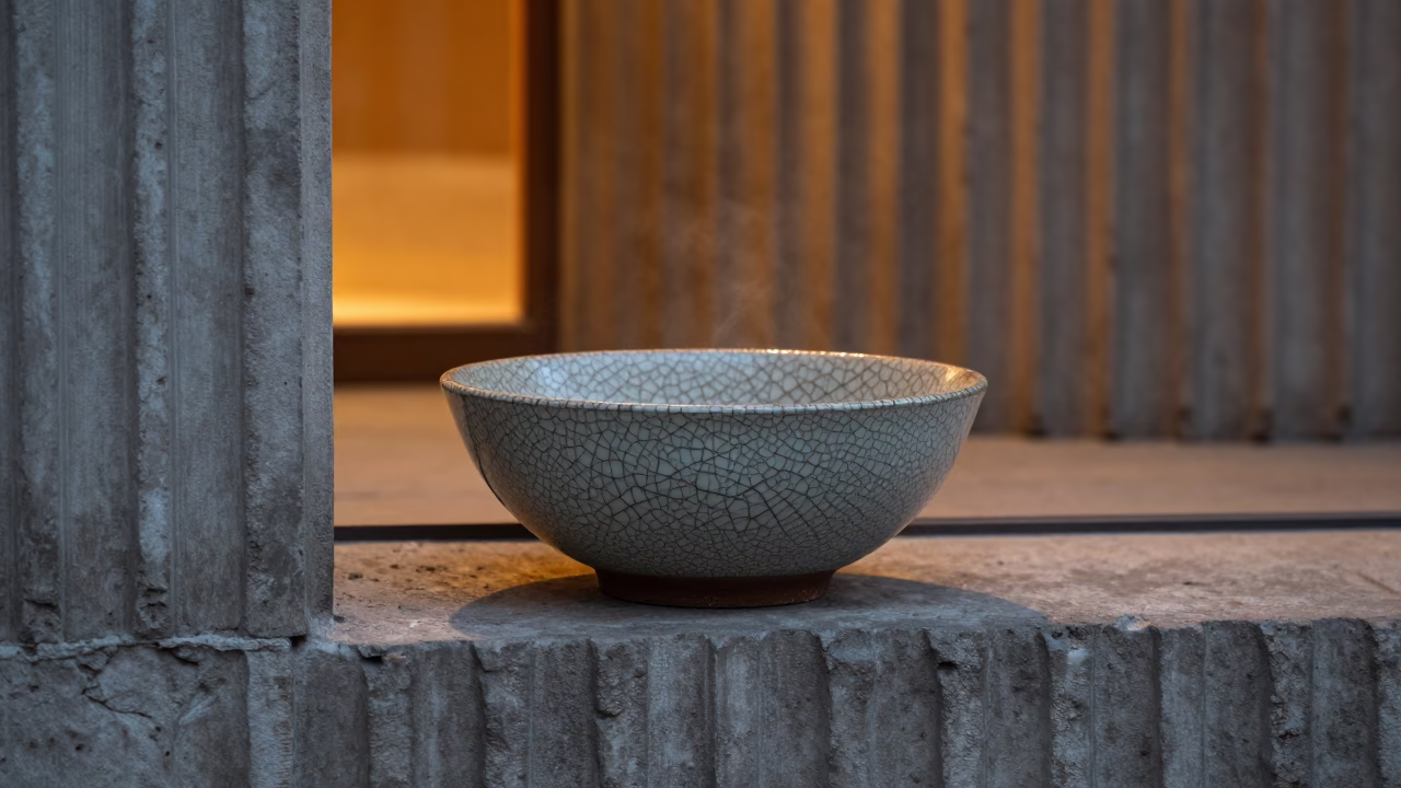 Cracked Glaze Fractal Bowl in Dawn Lobby in inside a ribbed concrete lobby in Eskişehir
