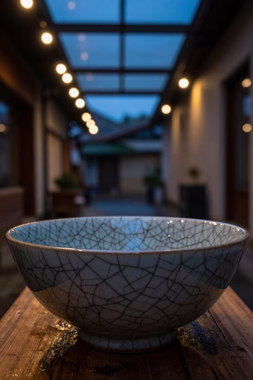 Cracked Glaze Fractal Bowl in Twilight in inside a skylit passageway near Kuala Terengganu