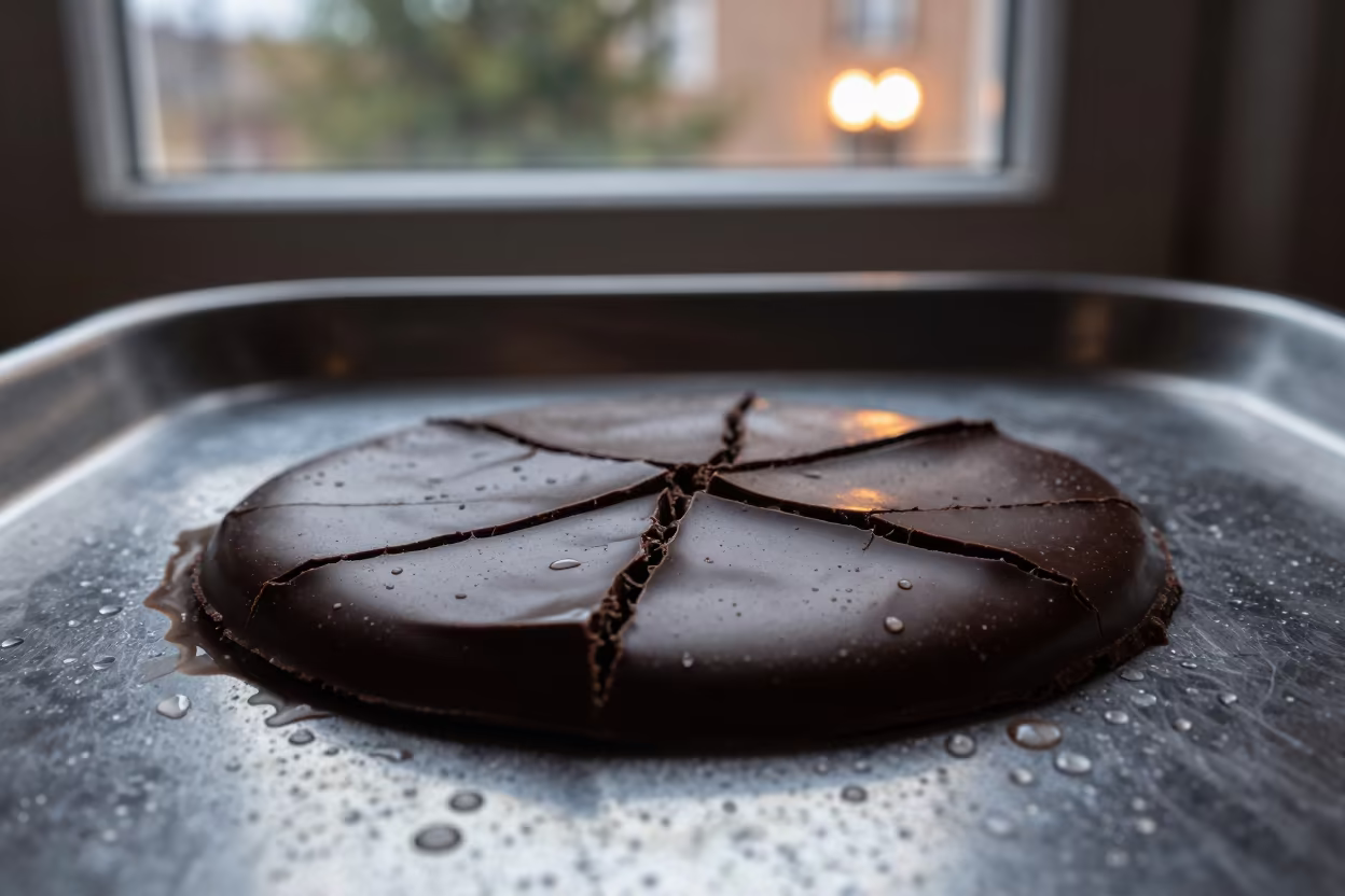 Cracked Glossy Chocolate Ganache Macro in across a rain-beaded metal surface in Tabriz