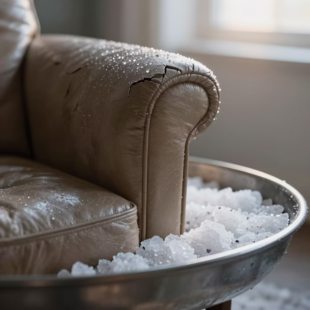 Cracked Leather Armchair Detail on Salt Crystals in on salt crystals along a pan rim in Cais do Sodre, Lisbon