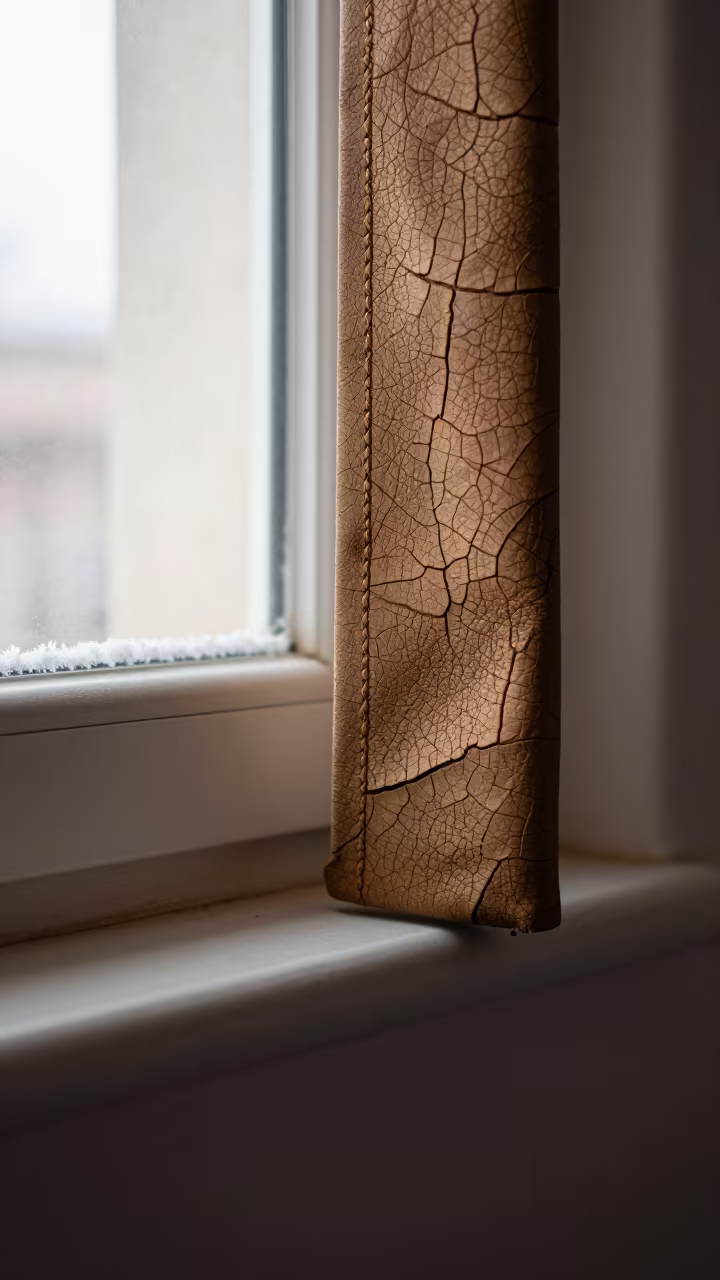 Cracked Leather Texture Near Frosty Basra Window in along a frost-edged windowpane near Basra
