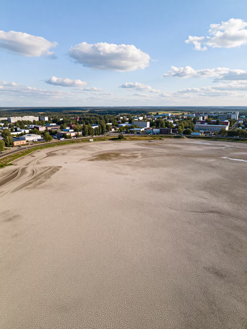 Cracked Mud Lakebed Aerial View Near Moscow in high above patterned rooftops near Moscow