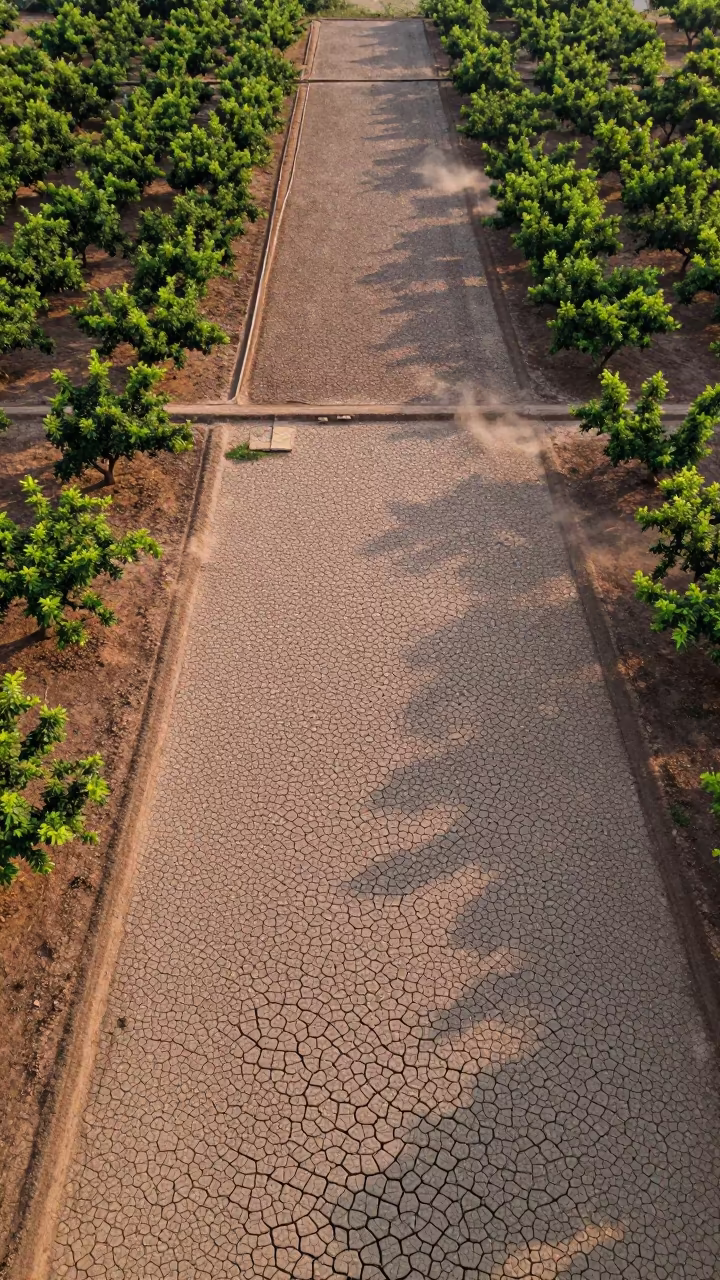 Cracked Mud Patterns Over Cambodian Orchards in far above orchard blocks and irrigation lines in Cambodia