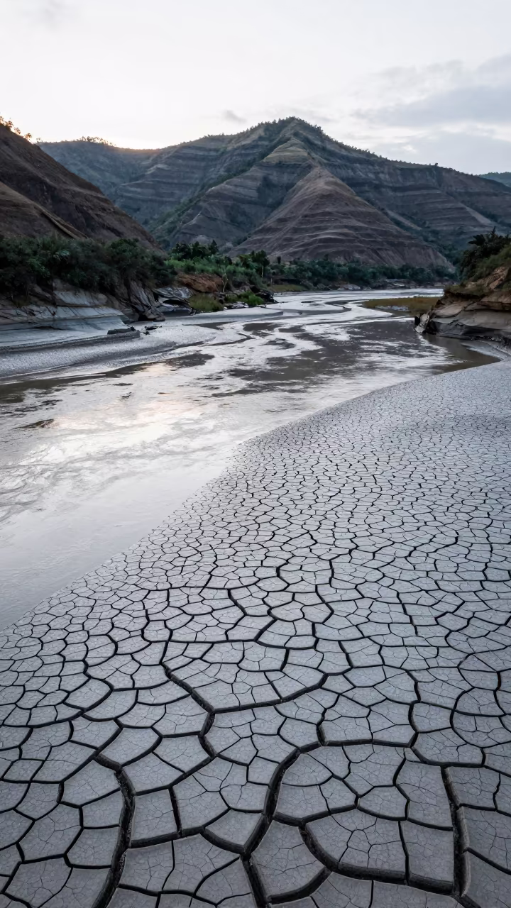 Cracked Mud Riverbed After Monsoon Cebu in from a ridge above layered foothills near Cebu