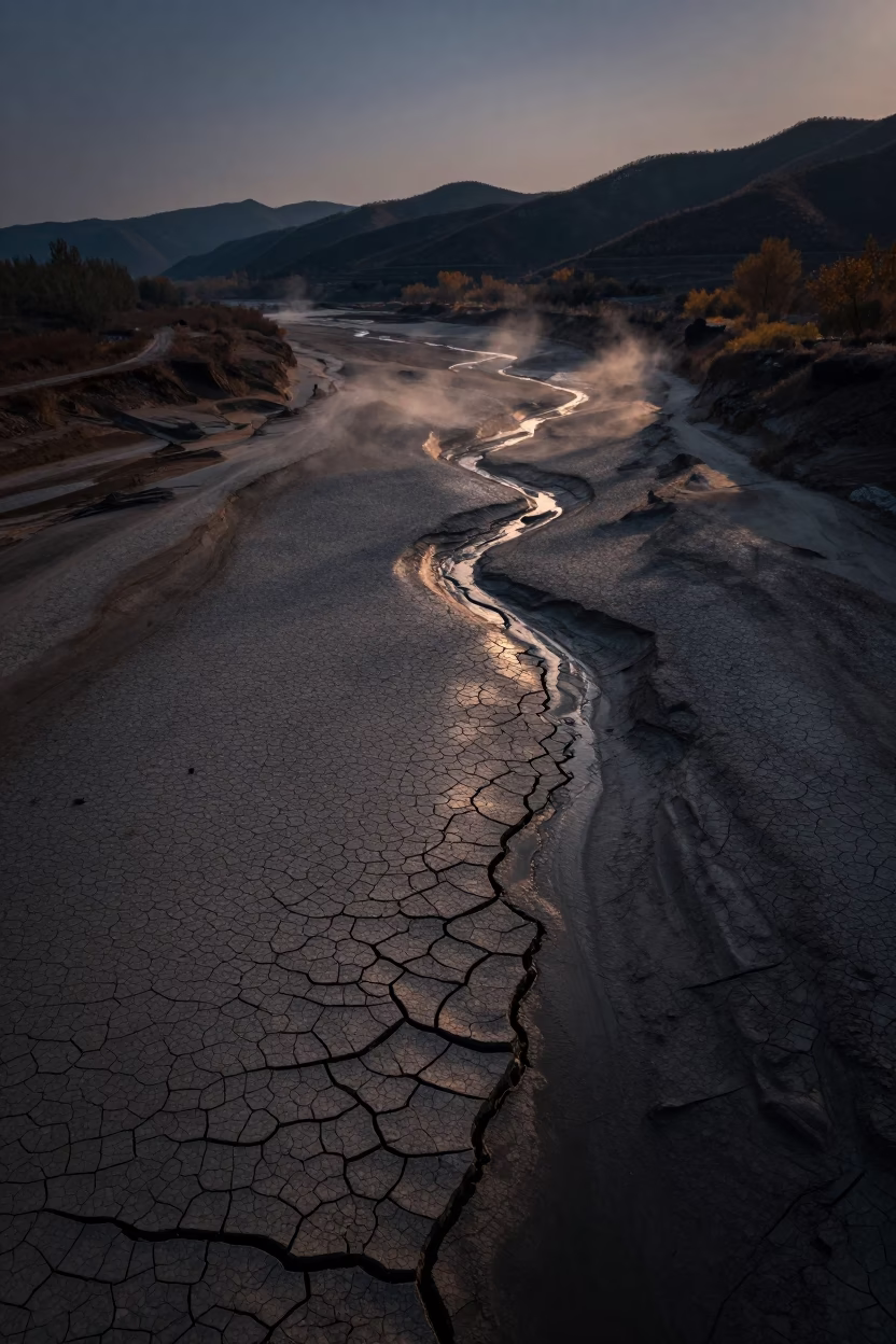 Cracked Mud Riverbed Under Night Rim Light in from a ridge above layered foothills near Jinan